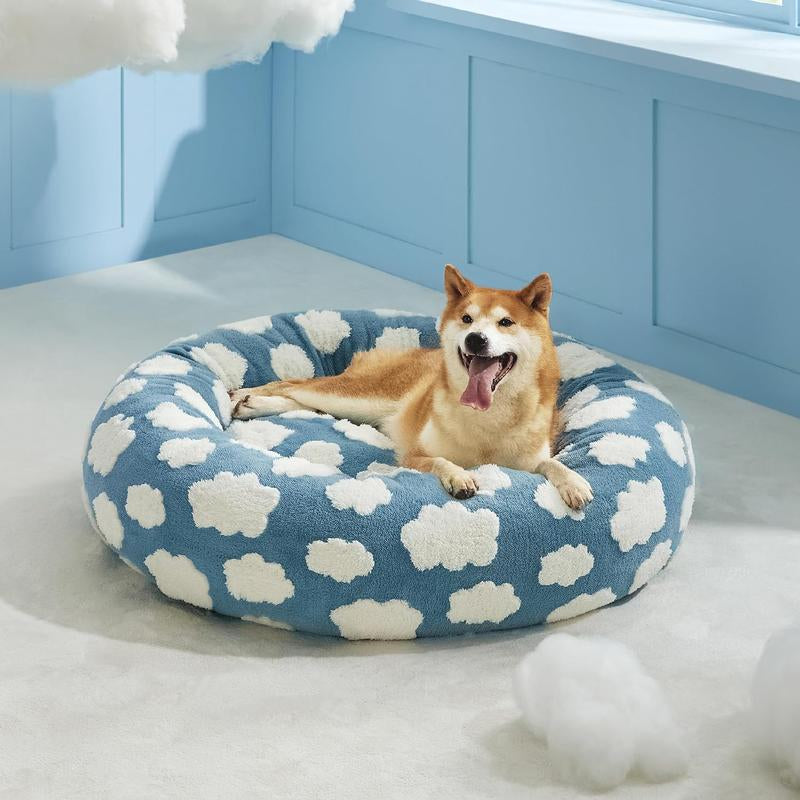 Donut Calming Pet Beds, Cute Modern Beds with Jacquard Shaggy Plush & anti Slip Bottom, 30 Inch, Blue